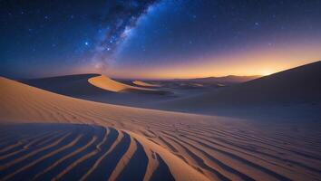 Desert Sand Dunes at Twilight Under Milky Way Galaxy and Starry Sky photo