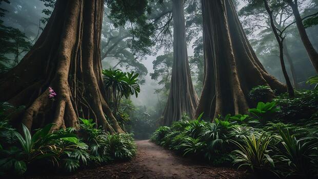 Walking Path Through Foggy Forest with Large Ancient Trees photo