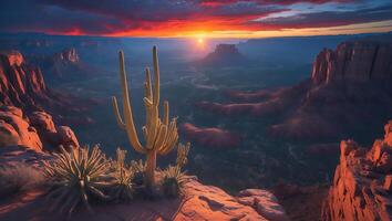 Desert Cactus Sunrise Panoramic Landscape with Red Rock Formations photo