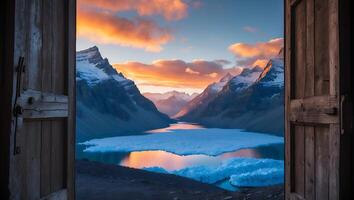 Open Wooden Door Overlooking Frozen Lake and Majestic Snowy Mountains photo