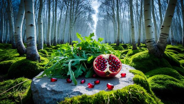 Pomegranate and Arugula on Stone Slab in Birch Forest Setting photo