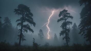Lightning Strikes Through Forest Trees on a Misty, Dark Weather Night photo