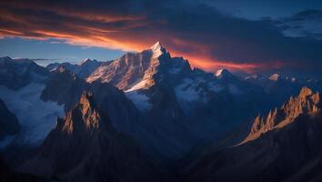 Majestic Mountain Peaks at Sunset with Dramatic Sky and Snow photo