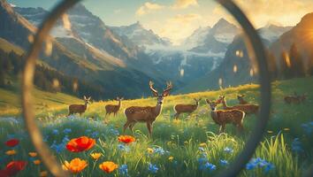 Wild Deer in Mountain Meadow with Blooming Flowers and Sunset Light photo