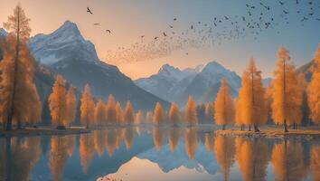 Serene Autumn Lake Reflection with Birds Flying and Golden Trees photo