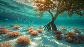 Underwater Scene with Tree, Coral, and Fish in Tropical Water photo