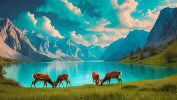 Deer Grazing by Turquoise Mountain Lake with Scenic Sky Reflection photo
