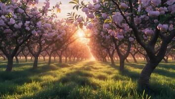 Blooming Orchard at Sunset with Pink Flowers and Golden Light photo