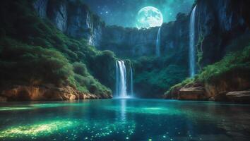 Magical Waterfall Landscape at Night with Full Moon and Glowing Water photo