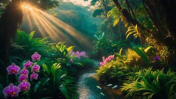 Tranquil Jungle Stream with Orchids and Sunlight Ideal for Nature Wallpaper photo