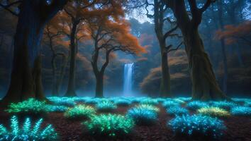 Enchanted Forest Waterfall with Glowing Plants at Night photo