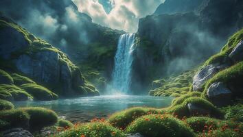 Majestic Waterfall Cascades Into Tranquil Pool in Lush Green Mountain Valley photo