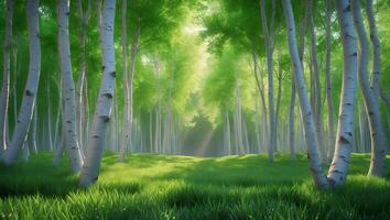Lush Green Forest with Birch Trees and Sunlight Streaming Through photo