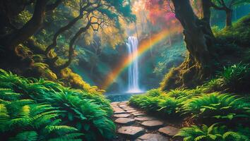 Magical Waterfall with Rainbow in Lush Green Forest Landscape photo