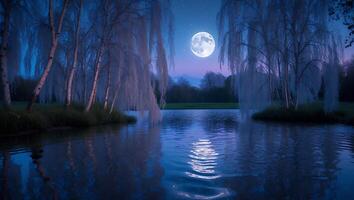 Moonlit Lake with Birch Trees and Willow Branches at Night photo