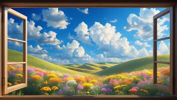 Window View of Blooming Meadow Landscape with Rolling Hills and Clouds photo