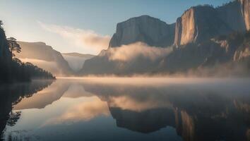 Still Lake Reflecting Mountain Cliffs and Clouds at Dawn photo