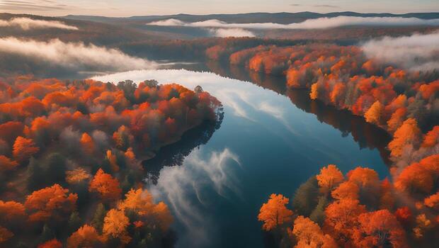 otoño paisaje de lago rodeado por vistoso bosque y niebla foto