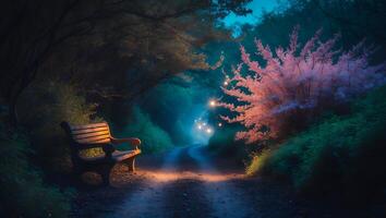 Wooden Bench on Forest Path with Pink Blooms and Soft Lighting photo