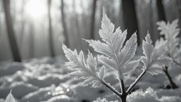Frozen Leaf in Winter Forest Sunlight Glimmering on Snow Covered Ground photo