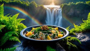 Fresh Salad with Nuts and Fruits Near Waterfall Landscape photo