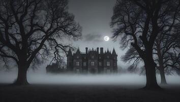 Eerie Mansion Surrounded by Fog and Silhouetted Trees Under Moonlight photo
