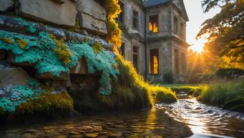Creek Flowing Towards Old Stone Building at Golden Hour Sunset photo