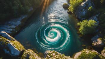 Aerial View of Powerful Whirlpool in River Surrounded by Lush Nature photo