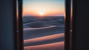 Desert Sunset View Through Open Doorway Calm and Serene Scene photo