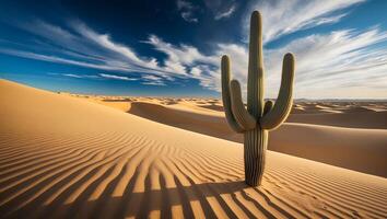 Standing Cactus in Desert Landscape with Blue Sky and Clouds photo