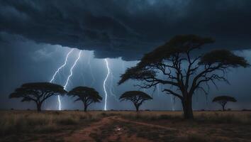 Dramatic Lightning Storm Over African Savannah with Trees and Dark Sky photo