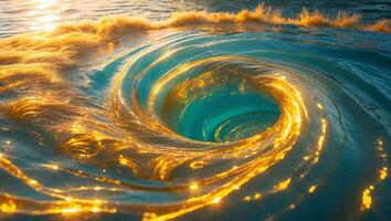 Ocean Water Forming Whirlpool with Golden Sparkling Highlights at Sunrise photo