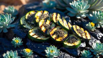 Grilled Zucchini Slices with Seeds and Succulents on Dark Stone photo