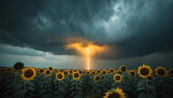 Lightning Strikes Sunflower Field Under Dramatic Storm Clouds Sky photo