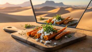 Carrots with Feta on Cutting Board Reflected in Desert Mirror photo