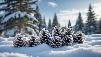 Pine Cones Resting in Snowy Winter Landscape on Sunny Day photo