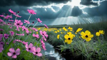 Wildflower Meadow with Sun Rays and Moody Sky Landscape photo