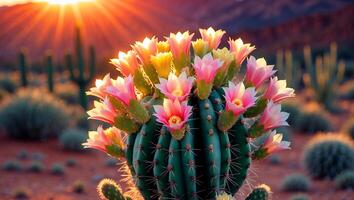 Blooming Cactus Flowers with Sunset Light in Desert Landscape photo