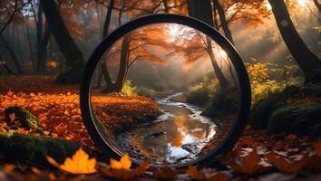 Autumn Stream Reflected Through Lens in Forest with Fallen Leaves photo
