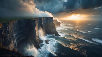 Dramatic Ocean Cliff Landscape at Sunset with Breaking Waves photo
