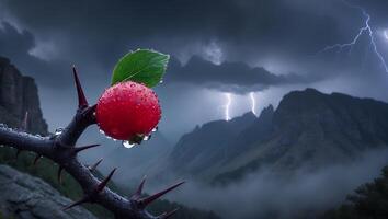 Rosehip and Thorny Branch Against Mountain Lightning Storm Backdrop photo