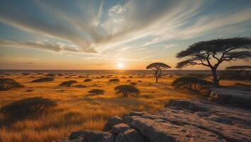 Golden Savannah Landscape with Trees at Sunset and Dramatic Clouds photo
