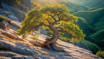 Scenic Old Tree on Rocky Slope Overlooking Green Rolling Hills Landscape photo