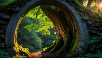 Enchanting Forest Portal Stone Arch Leading to Sunlit Woodland Scene photo