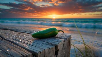 Jalapeno Pepper Rests on Wooden Pier with Ocean Sunset Background photo