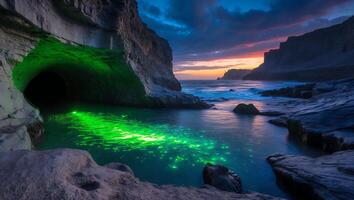 Cave Glowing Green Light at Rocky Beach Shoreline with Sunset Sky photo