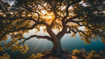 Majestic Tree Overlooking Calm Lake at Sunset with Sun Rays photo