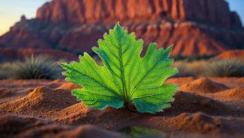 Green Leaf Growing in Desert Landscape Against Red Rock Formation photo