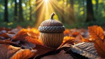 Acorn Still Life on Forest Floor with Sunlight Streaming Through Trees photo