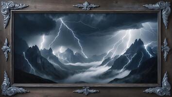 Lightning Storm Over Mountain Peaks Landscape in Ornate Decorative Frame photo